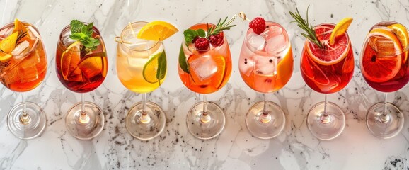 Most popular trendy cocktails set: Spritz, negroni, mojito, gin tonic and cosmopolitan on gray bar counter background stock photo, Art deco pattern background, Background Image,Desktop Wallpaper Backg - obrazy, fototapety, plakaty