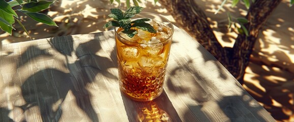 Photo of a julep cocktail with ice and mint leaves, taken from an overhead angle on a grey tablecloth background, in the style of Renato Vieria, Background Image,Desktop Wallpaper Backgrounds - obrazy, fototapety, plakaty