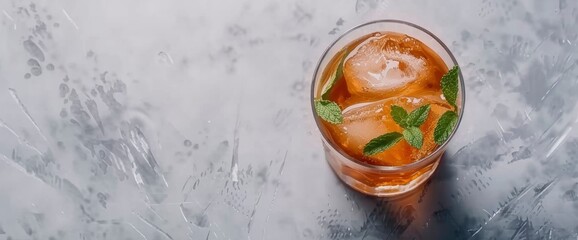 Photo of a julep cocktail with ice and mint leaves, taken from an overhead angle on a grey tablecloth background, in the style of Renato Vieria, Background Image,Desktop Wallpaper Backgrounds - obrazy, fototapety, plakaty