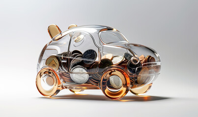 Glass piggy bank in the form of a car with different coins inside on a light background. Concept for renting, buying, leasing or insuring a car.