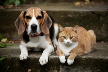 A tranquil moment with a beagle and ginger cat, embracing serenity in nature