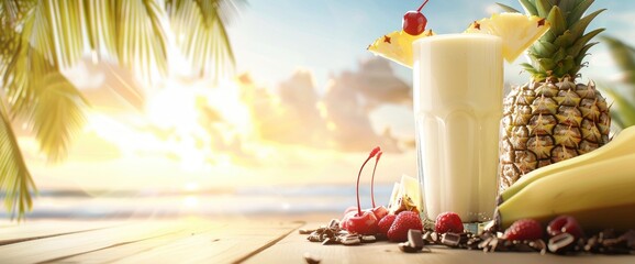 Pina Colada cocktail with pineapple and cherry on top, a glass of milk smoothie or juice on an old wooden table, vintage style kitchen background, with two glasses, dark wood colored table - obrazy, fototapety, plakaty