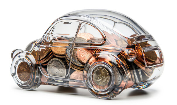 Glass piggy bank in the form of a car with different coins inside on a light background. Concept for renting, buying, leasing or insuring a car.
