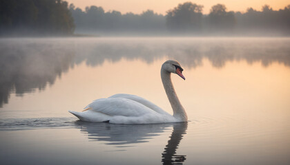 Serene Swan on Misty Lake at Dawn