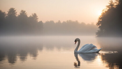 Serene Swan on Misty Lake at Dawn