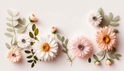 Beautiful flowers flower frame flat lay, top view, free space. Generative AI,