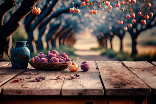 plums on the table in the garden. Generative AI,