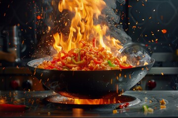 Fiery stir-fry cooking in a wok with intense flames and vibrant vegetables