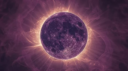 Foto op Plexiglas   A tight shot of a purple orb flaming in a dark night sky, encircled by a solitary radiant star © Shanti