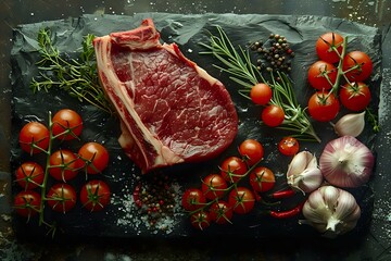 Rustic Kitchen Ambiance: T-Bone Steak and Filets with Fresh Herbs and Spices - obrazy, fototapety, plakaty
