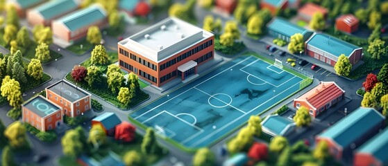 Isometric sports complex design on a sunny day with various facilities. Concept Isometric Design, Sports Complex, Sunny Day, Facilities, Outdoor Scene