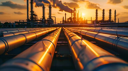 Industrial sunset with shining pipelines. Oil refinery at dusk. Energy production theme. Modern facility landscape. AI - obrazy, fototapety, plakaty
