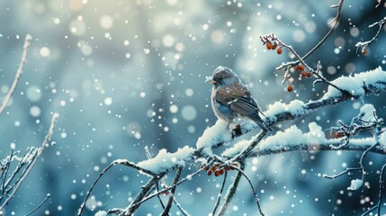 Bird perched on a snowy tree - obrazy, fototapety, plakaty