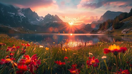 Panorama of a mountain landscape during sunset with a lake and flowers in the foreground - Powered by Adobe