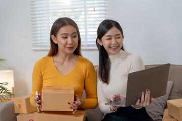 Two women engaging in online business activities with a laptop and cardboard boxes. E-commerce and...
