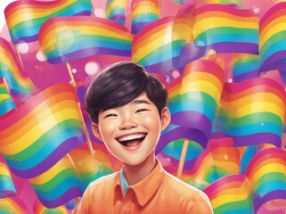 Colorful CG Art Portrait Of a Asian Gay Person with a Rainbow Flag Colors - obrazy, fototapety, plakaty