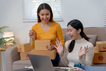 Two women engaging in online business activities with a laptop and cardboard boxes. E-commerce and...