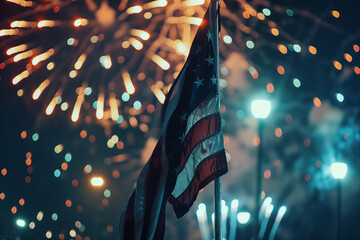 American flag in front of out of focus fireworks