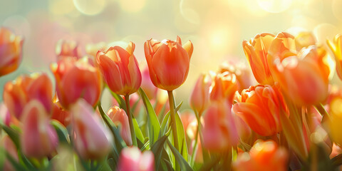 Colorful tulips in bloom. Spring flowers in the garden. Bokeh background.
