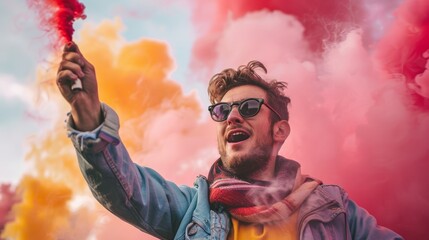 Energetic football fan celebrating with a red smoke bomb in a vibrant atmosphere
