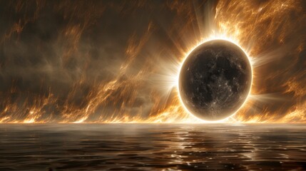   A sun eclipse over a body of water with a black and orange sky and clouds surrounding it - obrazy, fototapety, plakaty