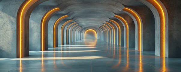 Futuristic tunnel with illuminated arches