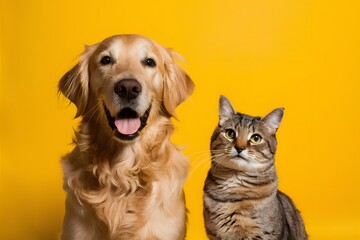 Cheerful pets on yellow background with contrasting colors and engaging expressions