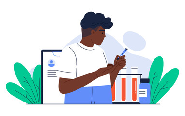 Man using lancet pen and measuring sugar. Blood glucose level test. Man patient with diabetes. Diabetes treatment, awareness day, healthcare. Isolated vector illustration in cartoon style