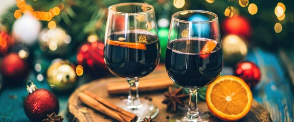 Two glasses of mulled wine on a wooden board, with oranges and cinnamon sticks. Christmas decorations in the background, leaving space for text, Background Image,Desktop Wallpaper Backgrounds, HD