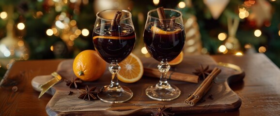 Two glasses of mulled wine on a wooden board, with oranges and cinnamon sticks. Christmas decorations in the background, leaving space for text, Background Image,Desktop Wallpaper Backgrounds, HD