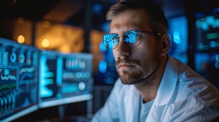 Scientist working on computer in laboratory.