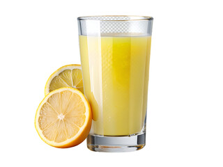 glass and pitcher with orange juice on transparent background