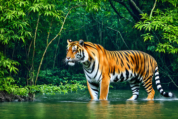 Bengal tiger with a mustache walks through a pond and does not look at the camera.
