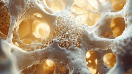 An upclose view of a bone cell and its intricate matrix of collagen fibers responsible for its strength and flexibility.