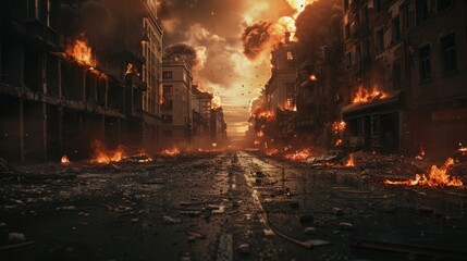 Dramatic view of a city street amidst fiery apocalypse, with buildings engulfed in flames - obrazy, fototapety, plakaty