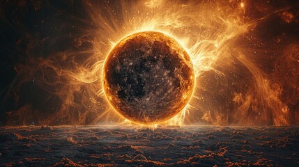   A sun image sits in the heart of a field, surrounded by flames issuing from its center - obrazy, fototapety, plakaty