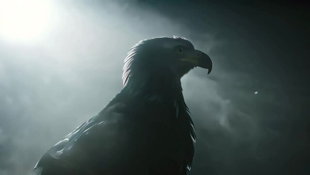 Silhouette of an eagle against a dark background with billowing smoke, suggestive of power and mystery, a dramatic scene in nature's grand theater displaying majestic beauty.