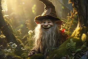 Gnome guardian of the forest looks at the camera smiling. The fairy-tale character is encountered only by the most daring and responsible visitors to the forest. - obrazy, fototapety, plakaty