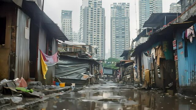 Abandoned slum streets contrasted against towering skyscrapers, puddles left behind after rain, socio-economic inequality reflected in the transformation of the urban landscape.