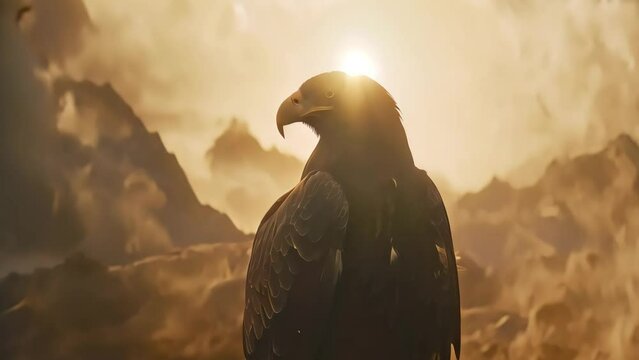 Silhouette of an eagle against a dark background with billowing smoke, suggestive of power and mystery, a dramatic scene in nature's grand theater displaying majestic beauty.
