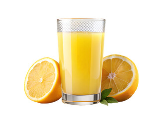 glass and pitcher with orange juice on transparent background