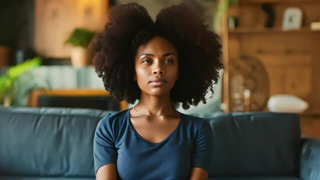 A young African-American girl with lush hair in a domestic setting, meditating peacefully, radiating calm and serenity.
