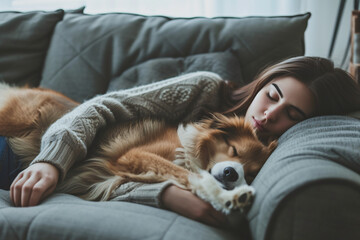 A woman cuddling with her dog on the sofa