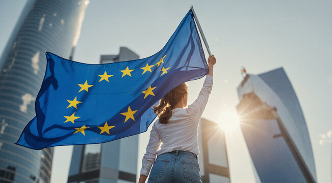 Young woman holding European Union flag against the modern city view, skyscrapers. Patriot, agitation to vote, freedom. Europe day, May 9