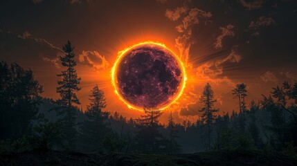   A sun image amidst the night with trees in the foreground and clouds in the background is an anomaly The sun typically rises during mornings and sets in evenings, not - obrazy, fototapety, plakaty