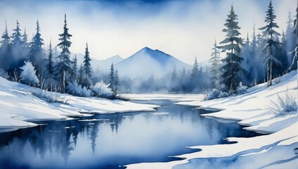 Icy Solitude, Watercolor Landscape of a Frosty Taiga with a Palette of Cool Blues.