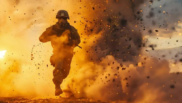 Fully equipped soldier sprinting in intense combat, surrounded by explosions and raging fire in the battlefield background.