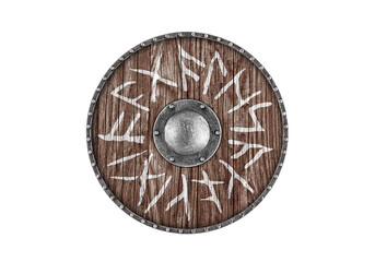 Old wooden round shield decorated with runes isolated on white background