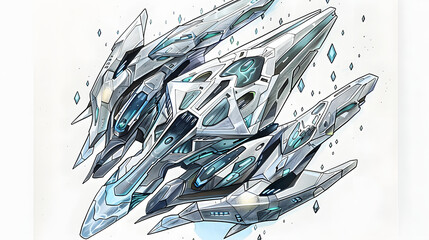 A drawing of an organic shape with multiple sharp edges, gray and blue colors on white paper, cutout in the middle of it is filled with a futuristic spaceship design. The shapes have rounded corners a