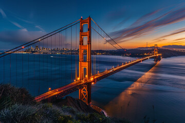 The Golden Gate Bridge bathed in the warm glow of sunset, showcasing the iconic San Francisco...